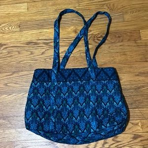 Cotton quilted tote bag. Euc, teals and blues and greens. 17 by 12 inches